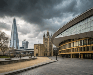 Londres, The Shard et bâtiments modernes sous un ciel nuageux.