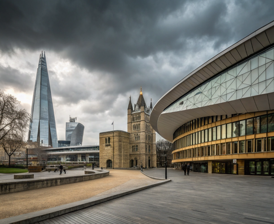 Londres, The Shard et bâtiments modernes sous un ciel nuageux.