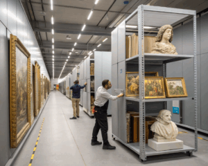 Archive sécurisée d’œuvres d’art avec rayonnages mobiles, peintures et sculptures.