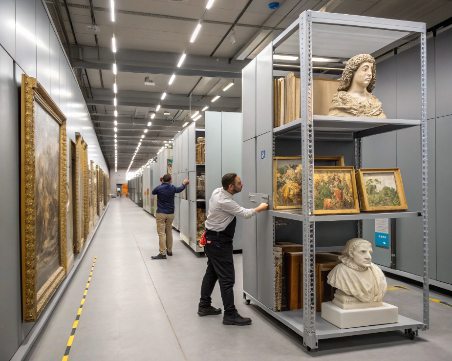 Archive sécurisée d’œuvres d’art avec rayonnages mobiles, peintures et sculptures.
