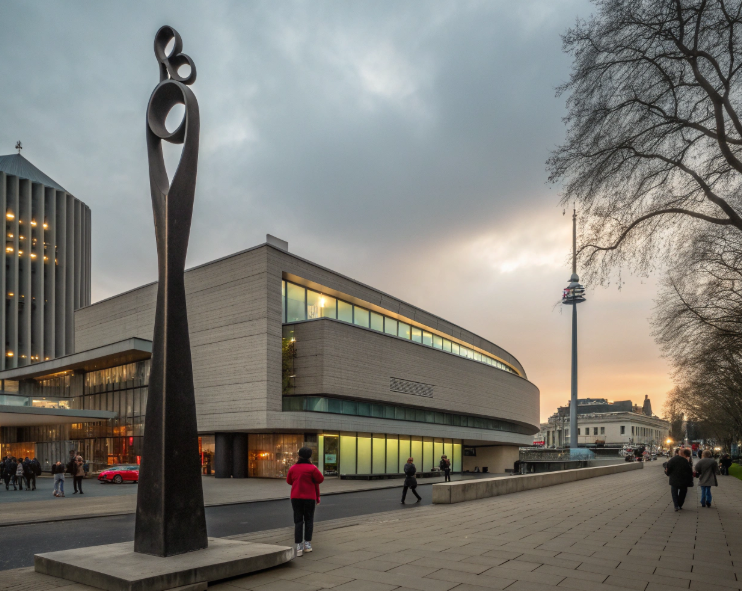 Façade du musée du design de Londres au coucher du soleil.