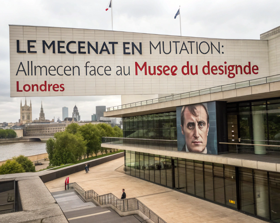 Bâtiment moderne à Londres avec une grande affiche sur le mécénat et une vue sur la Tamise.
