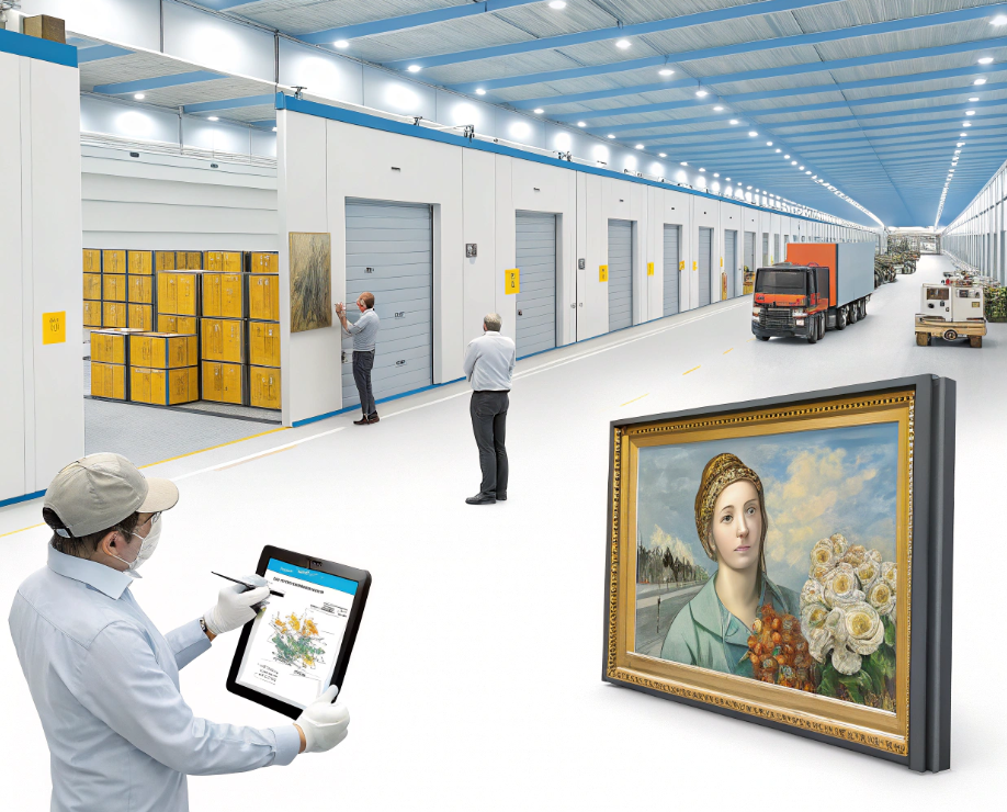 Entrepôt sécurisé pour œuvres d’art, avec logistique numérique et transport intégré.