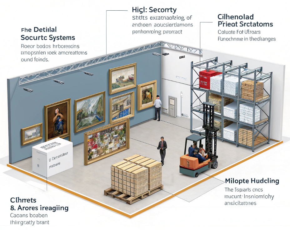 Zone de stockage et d’accrochage sécurisé d’œuvres d’art, avec chariots, palettes et systèmes de surveillance.